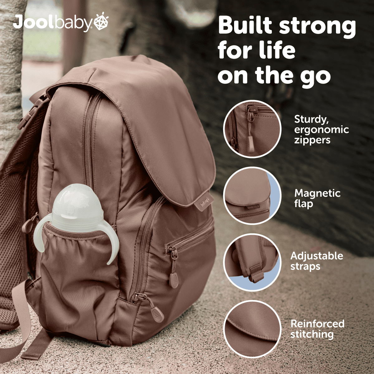 Jool Baby Diaper Bag Backpack with Changing Pad, Large Capacity, Insulated And Portable, Brown