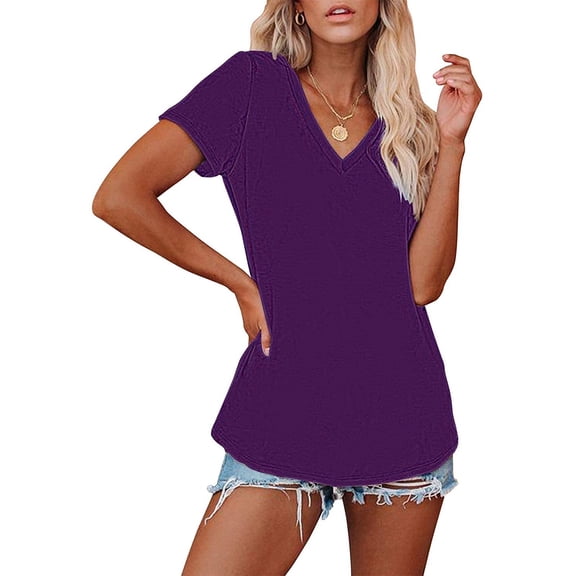Daqian Shirts for Women Women Fashion V-Neck Casual Short Sleeves Solid Color Shirts Top Blouses Womens Plus Size Tops Purple XL(XL)