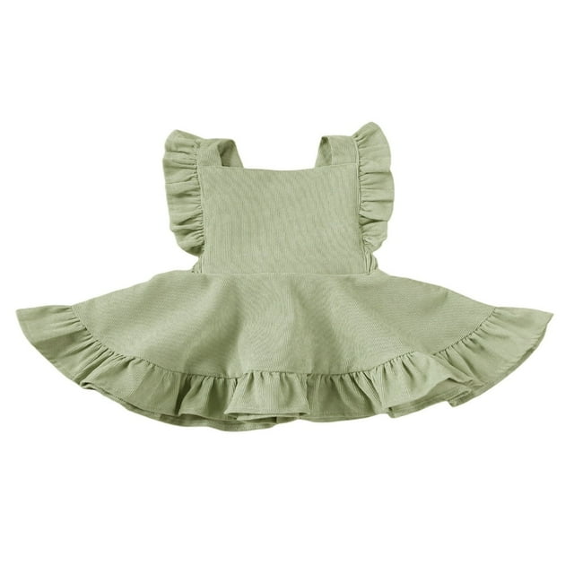 Girls Solid Color Suspender Skirt Sleeveless Square Collar Large Hem High Waist Dress with Ruffles