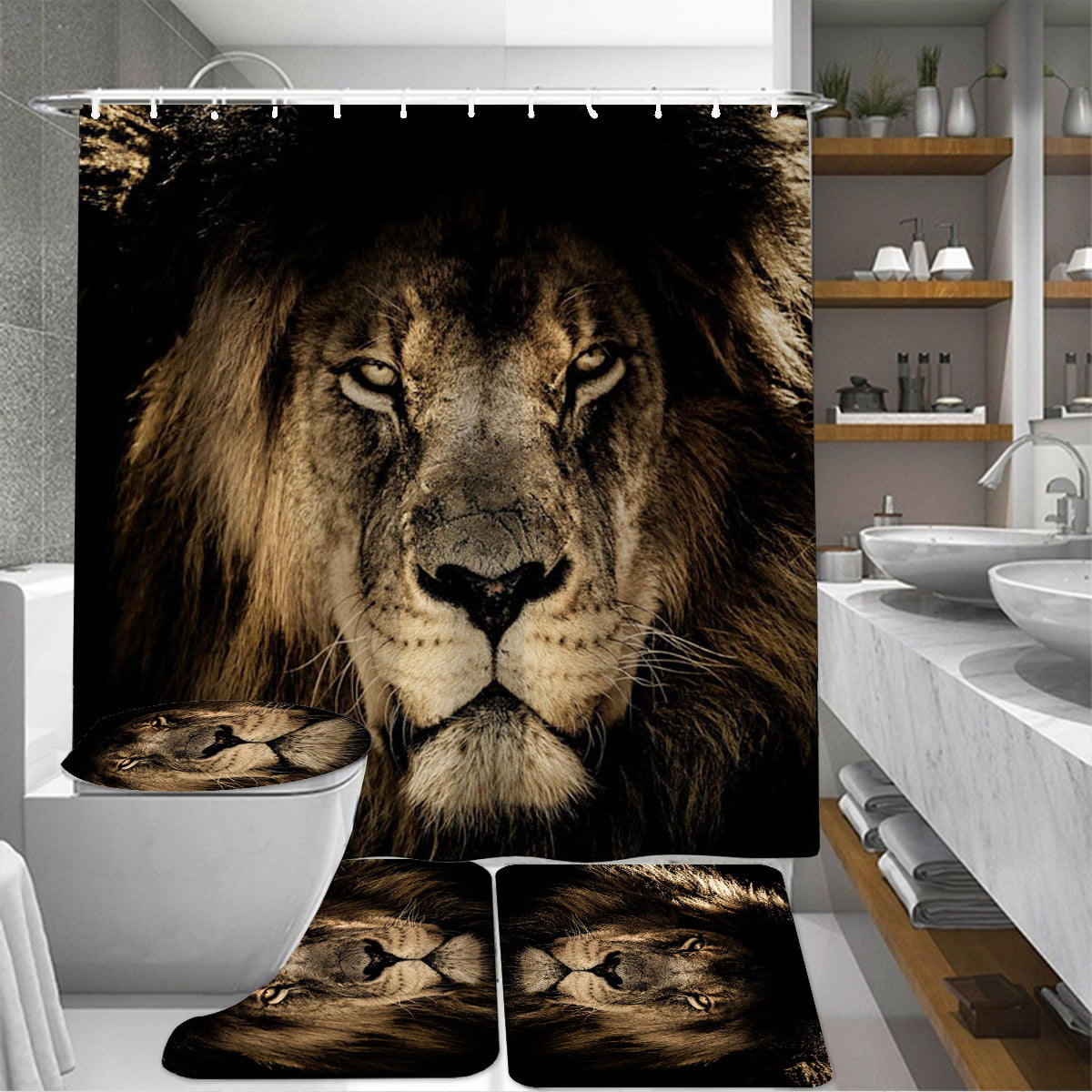 4PCS Lion Shower Curtain Set Bathroom Rug Non-Slip Toilet Lid Cover and Bath Mat 