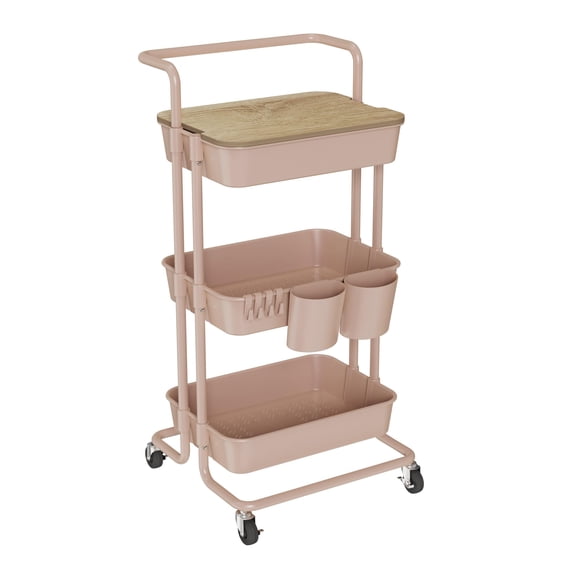 Carrito utilitario rodante DTK de 3 niveles con cubierta superior, color rosa