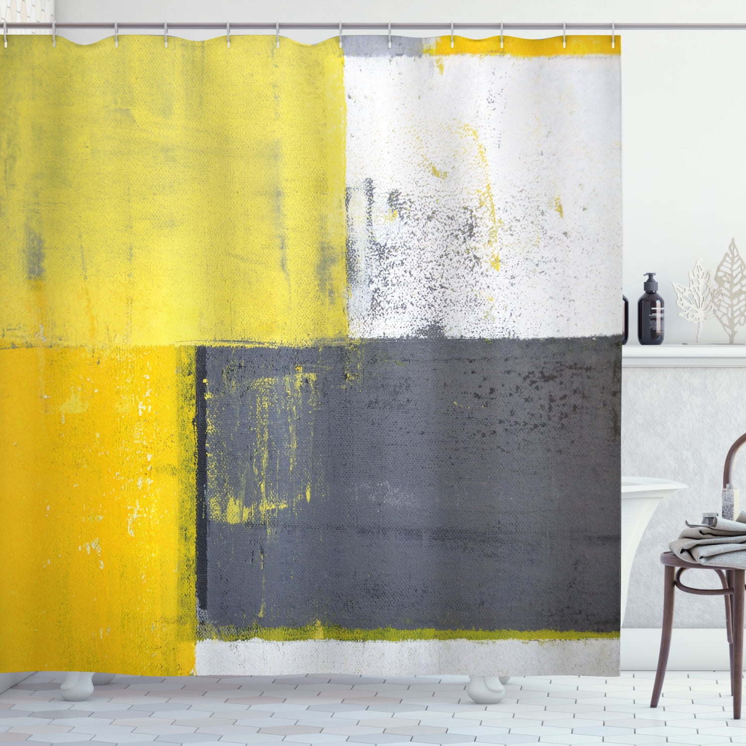 Grey and Yellow Shower Curtain, Street Art Modern Grunge Abstract