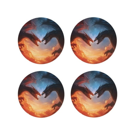

Leather Coasters Set of 4 - Red and Blue Fire Cloud Dragon Lightweight Non-Slip Drink Coasters for Desk Anti-Scalding Desk Cup Coasters for Office Table Decor Round Shape