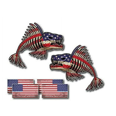 Pair of US Flag Bone Fish Skeleton and USA American Flag Decal Fishing Kayak Sticker Ourdoors Patriot Bass Graphic