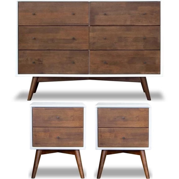 Home Square 3 Piece Solid Wood Bedroom Dresser & Nightstand Set in Walnut/White
