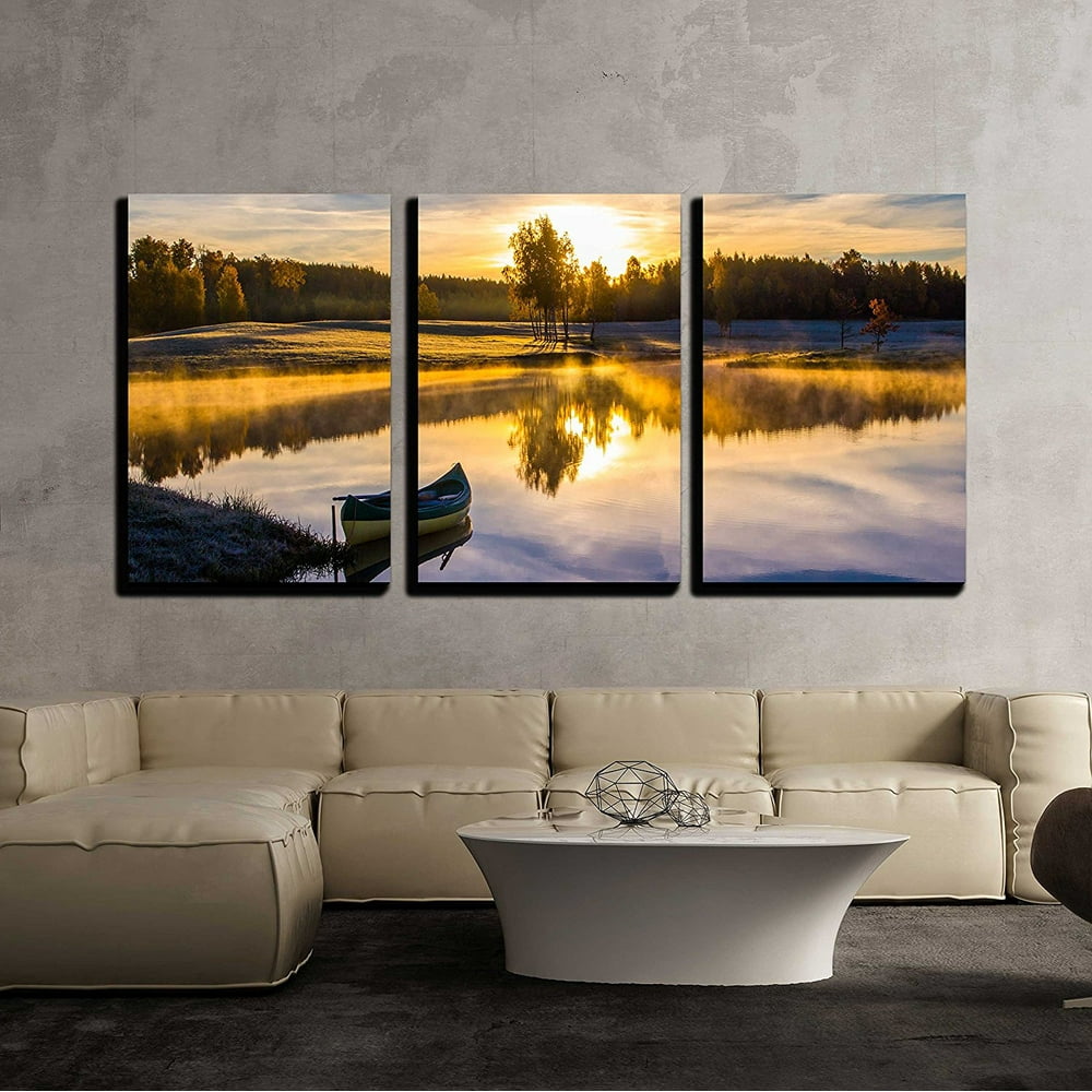 Wall26 3 Piece Canvas Wall Art Sunrise Over The Lake with a Boat Modern Home Decor Stretched