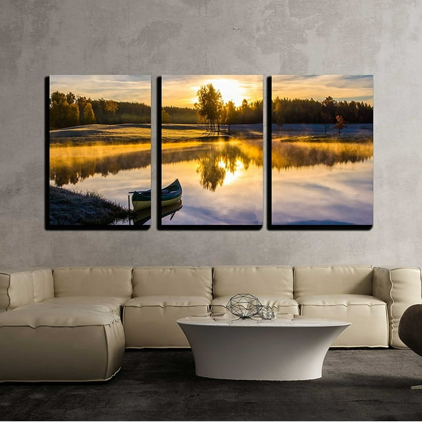 Wall26 3 Piece Canvas Wall Art - Sunrise over the lake with a boat ...