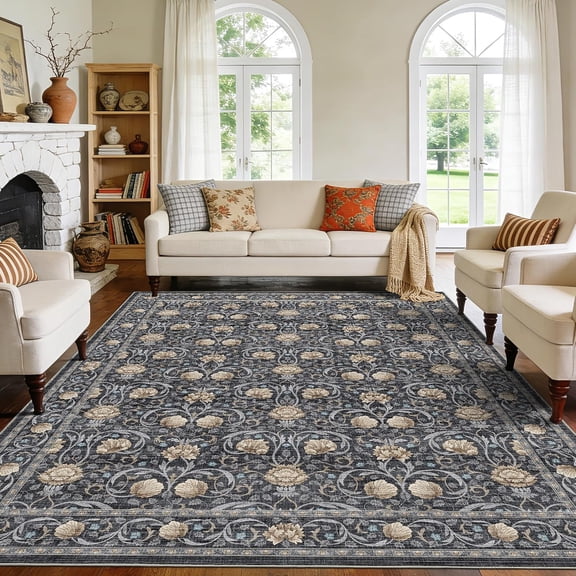 8x10 Washable Non Slip Area Rug, Vintage Floral Living Room Rug, Dark Grey