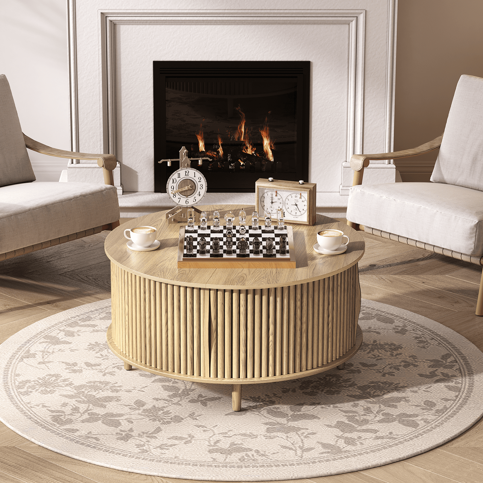 JOINICE Round Coffee Table with Storage and Flip Top,Circle Fluted