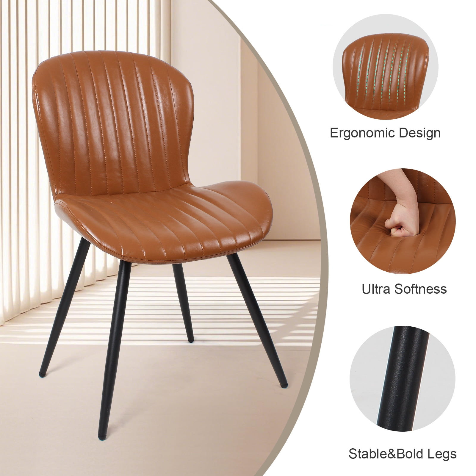 Set of 2 Brown Dining Chairs, Modern 2nd-Gen Leather Upholstered Chairs, Ergonomic Curved Backrest, Thick Cushion & Sturdy Metal Legs, 400 lbs Capacity, Waterproof & Scratch Resistant
