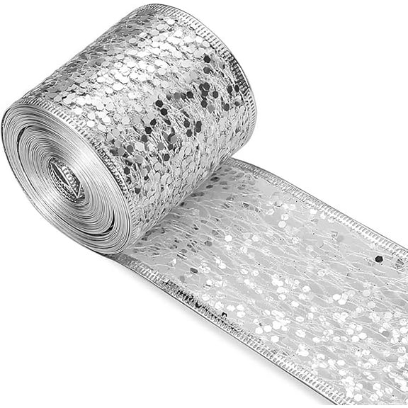 Joqmia Silver Wired Ribbon 2.5 Inch Silver Valentine's Day Tree Ribbon Glitter Sequin Metallic Mesh Wired wedding Ribbon for Wreaths Topper Bows Crafts Gift Wrap Holiday Decor- 10 Yards (30Ft)