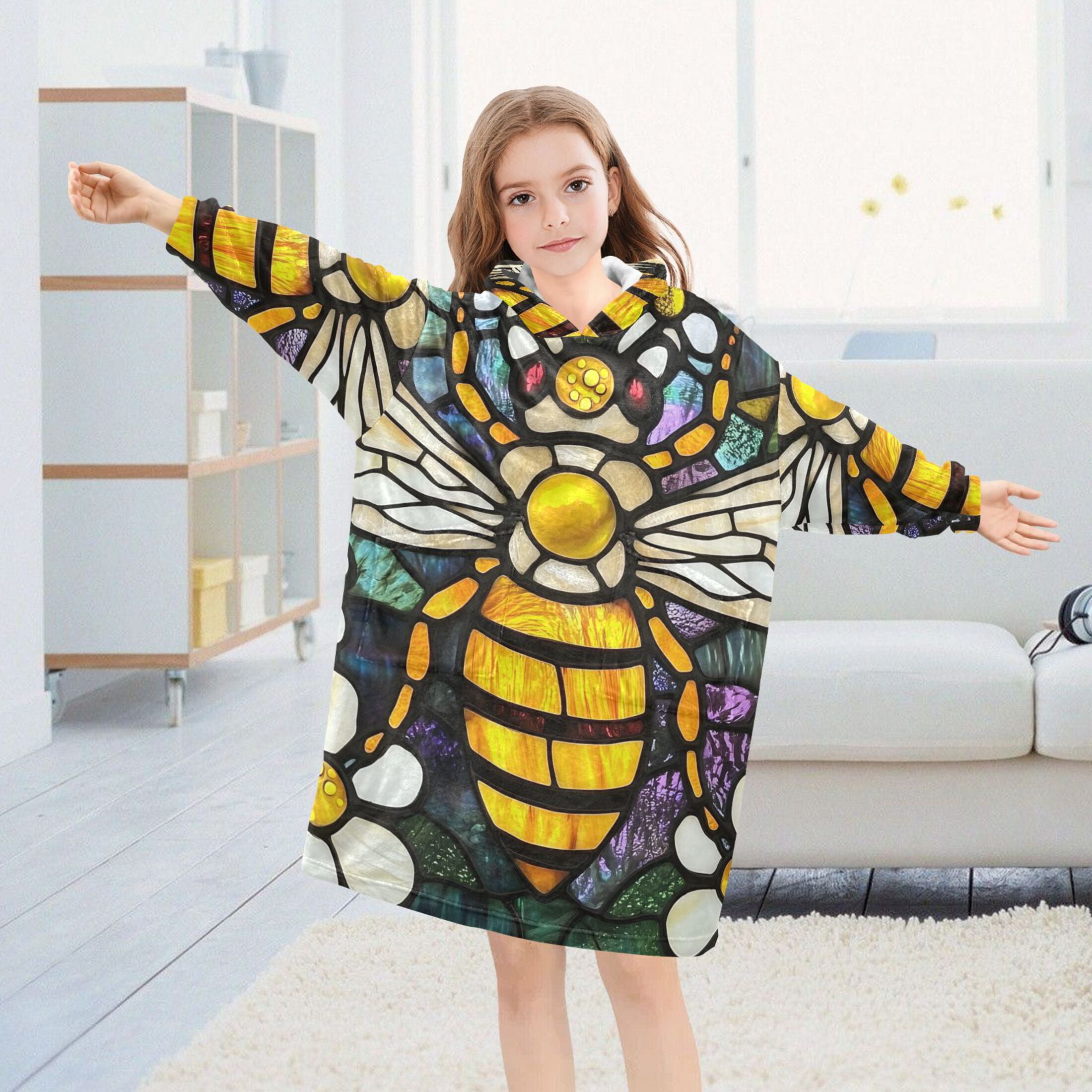 joogoo Wearable Blanket Hoodie Bee in Bohemia Floral-1 for Flannel Sherpa Pocket 3-14 YR L