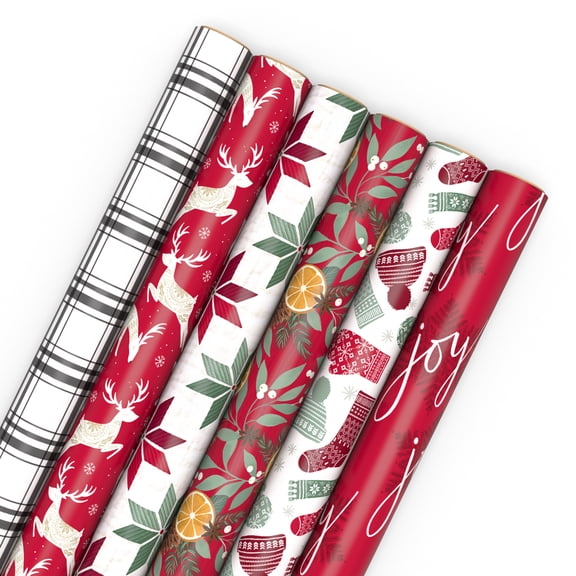 Hallmark 6-Pack Assorted Holiday Wrapping Paper Roll Bundle (Cozy Patterns) 150 sq. ft. total