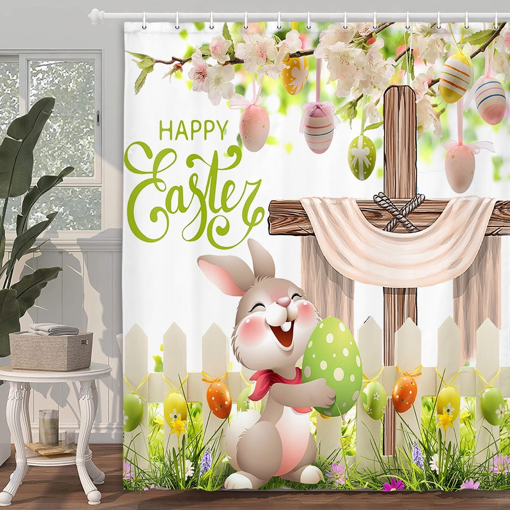Easter Shower Curtain, Whises He Is Risen The Cross Easter Eggs Bunny Floral Shower Curtain Set, Rustic Easter Rabbit Spring Fabric Holiday Bathroom Accessories with 12PCS, 70X70IN