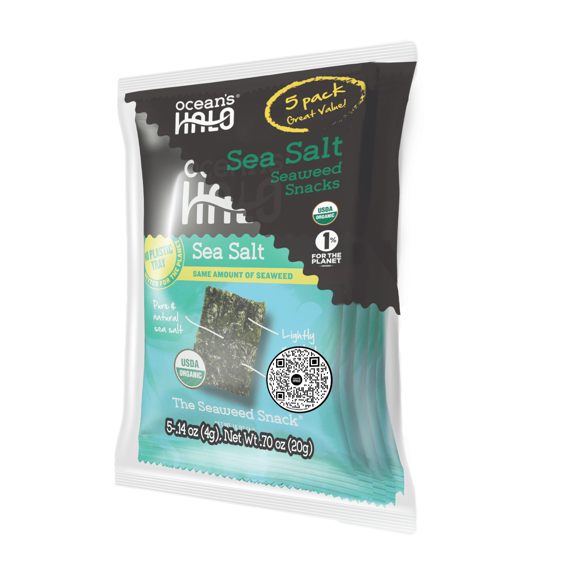 (8 pack) Ocean's Halo, 5pk Seaweed Snack, Healthy, Sea Salt, Vegan Keto Nori Crispy Chips