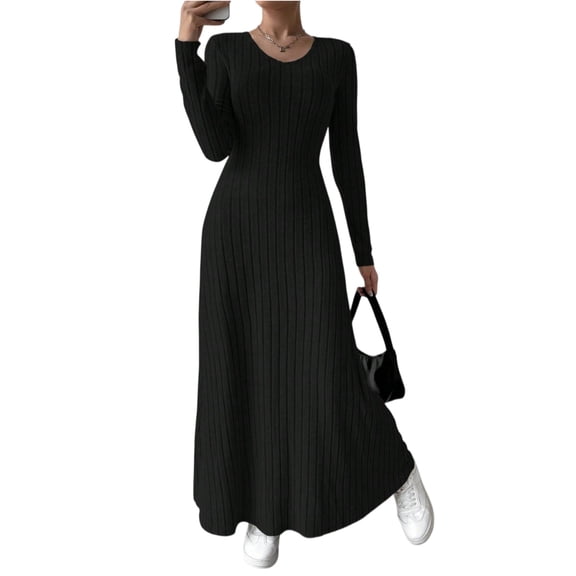 Knitted Maxi Dress Women Elegant Party Autumn Winter O Neck Long Sleeves Sexy Slim Long Dresses Casual Holiday Street Dress Elegant Party Dresses 2025 Black L