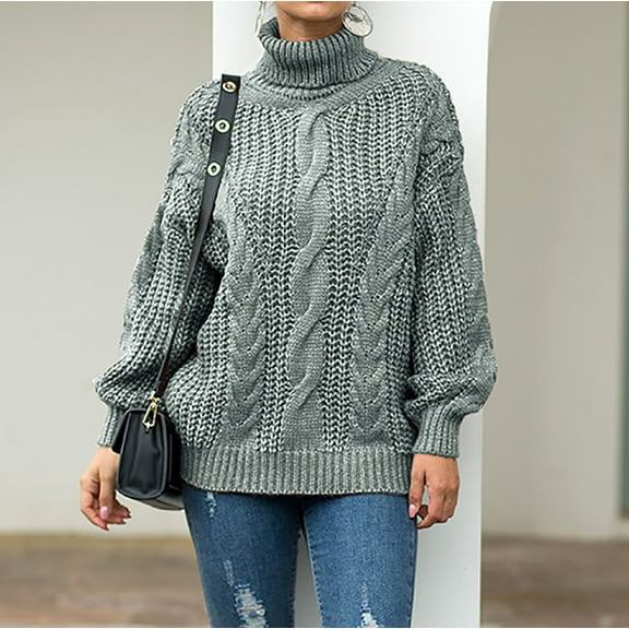 Homenesgenics Fall Sweaters for Women Womens Sweaters under 10$ Women Casual TurtleNeck Pullover Long Sleeve Solid Loose Knitted Sweater Tops Gray M
