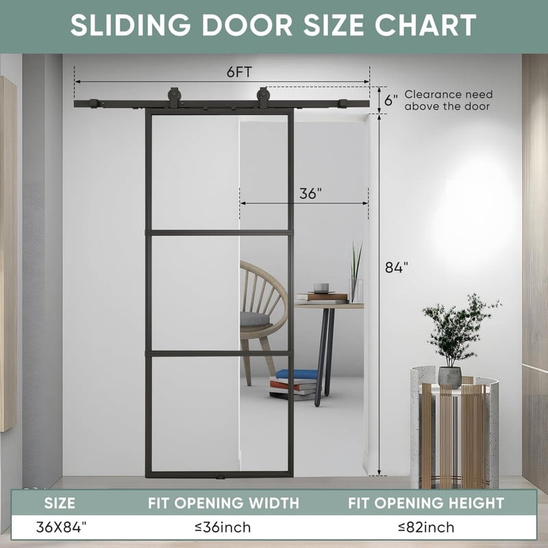 Easy4Home 36"x84" Clear Glass Sliding Barn Door with Track and Hardware Kit