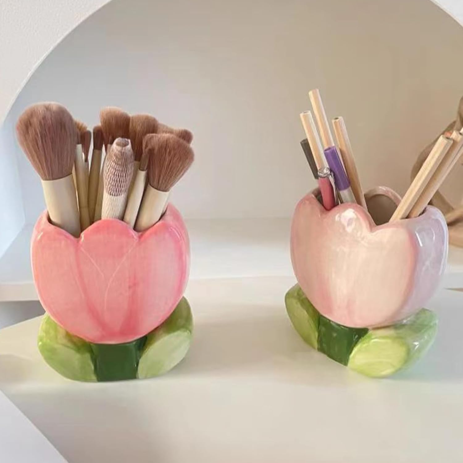 Pen Holder for Desk Tulips Vase Decor Aesthetic Cute Toothbrush Holder Pencil Holder for Office Makeup Brush Holder Yellow Kawaii Desk Accessories Home Decor Birthday Gifts for Women