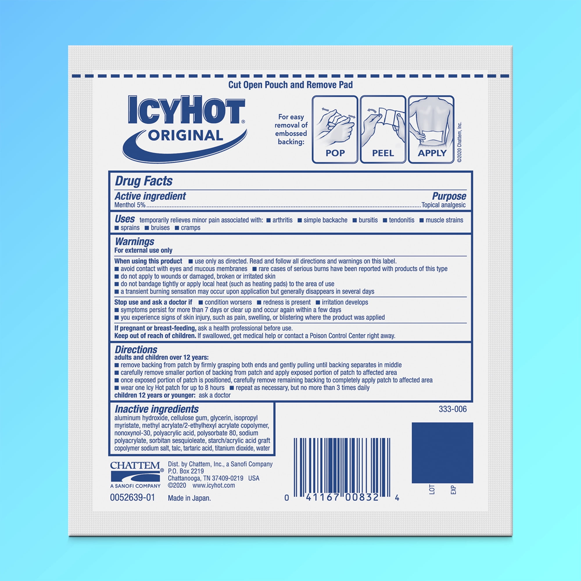 Icy Hot Original Pain Relief Patch, Large Size Comfortable Fabric Patches With Menthol 5%, Ice and Heat Contrast Therapy for Backaches, Joints, Muscle Strains and Arthritis, 12 ct.