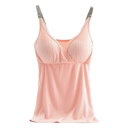 BRDFRL Womens Nursing Tank Tops Built in Bra for Breastfeeding Maternity Camisoles with Pads Sleeveless V Neck Cami Shirts Pink M