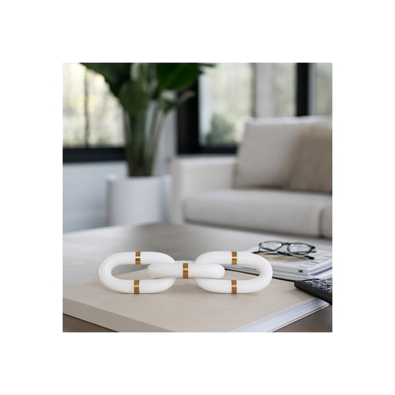 Marble Chain Sculpture for Home Styling - Decorative Accent for Bathroom, Office, Living Room, and Shelf - Modern Linked Figurine Ornament for Room Coffee Table Display - 3", White & Gold