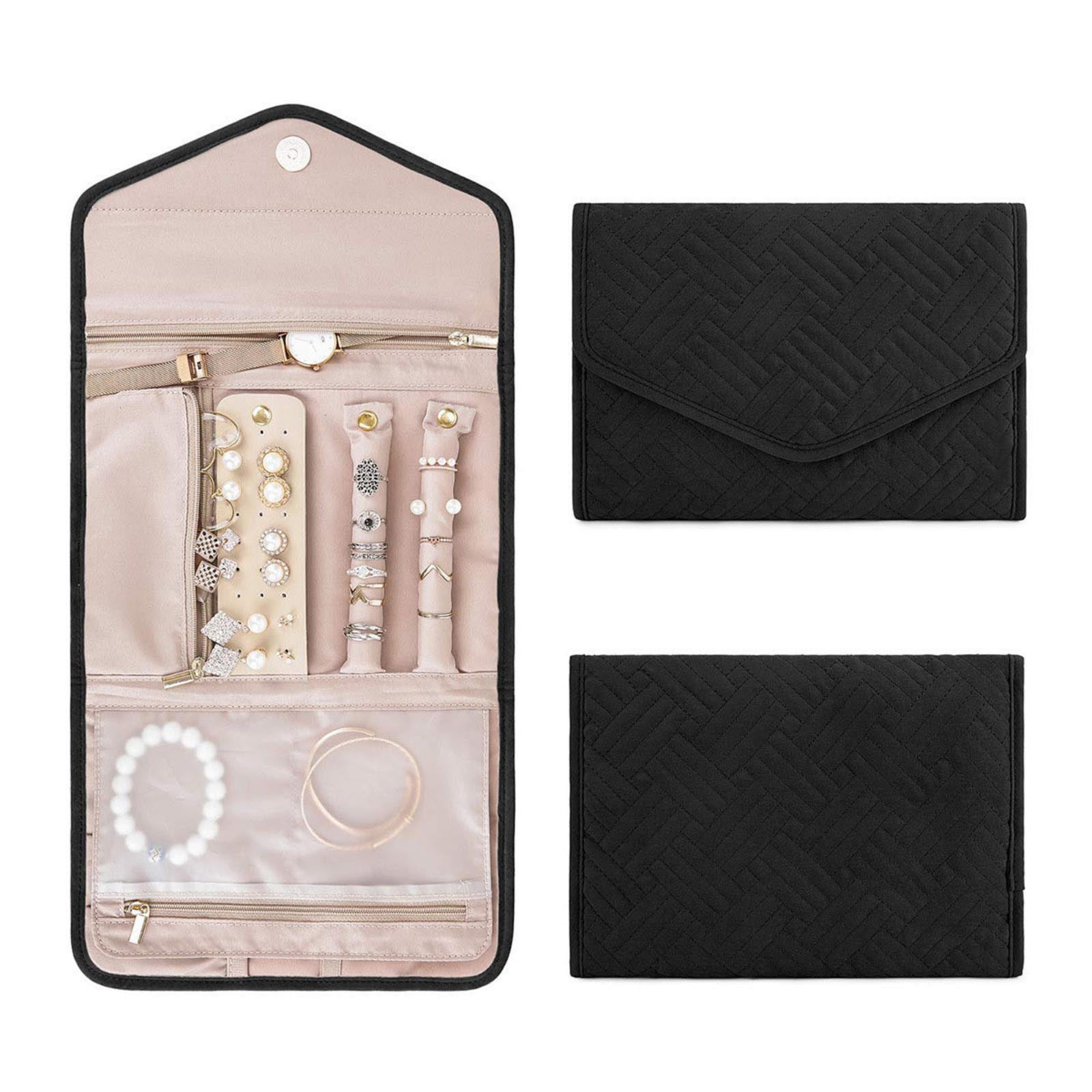 Travel Jewelry Organizer Roll Foldable Jewelry Case for Journey-Rings, Necklaces, Earrings, Bracelets, Mini, Black