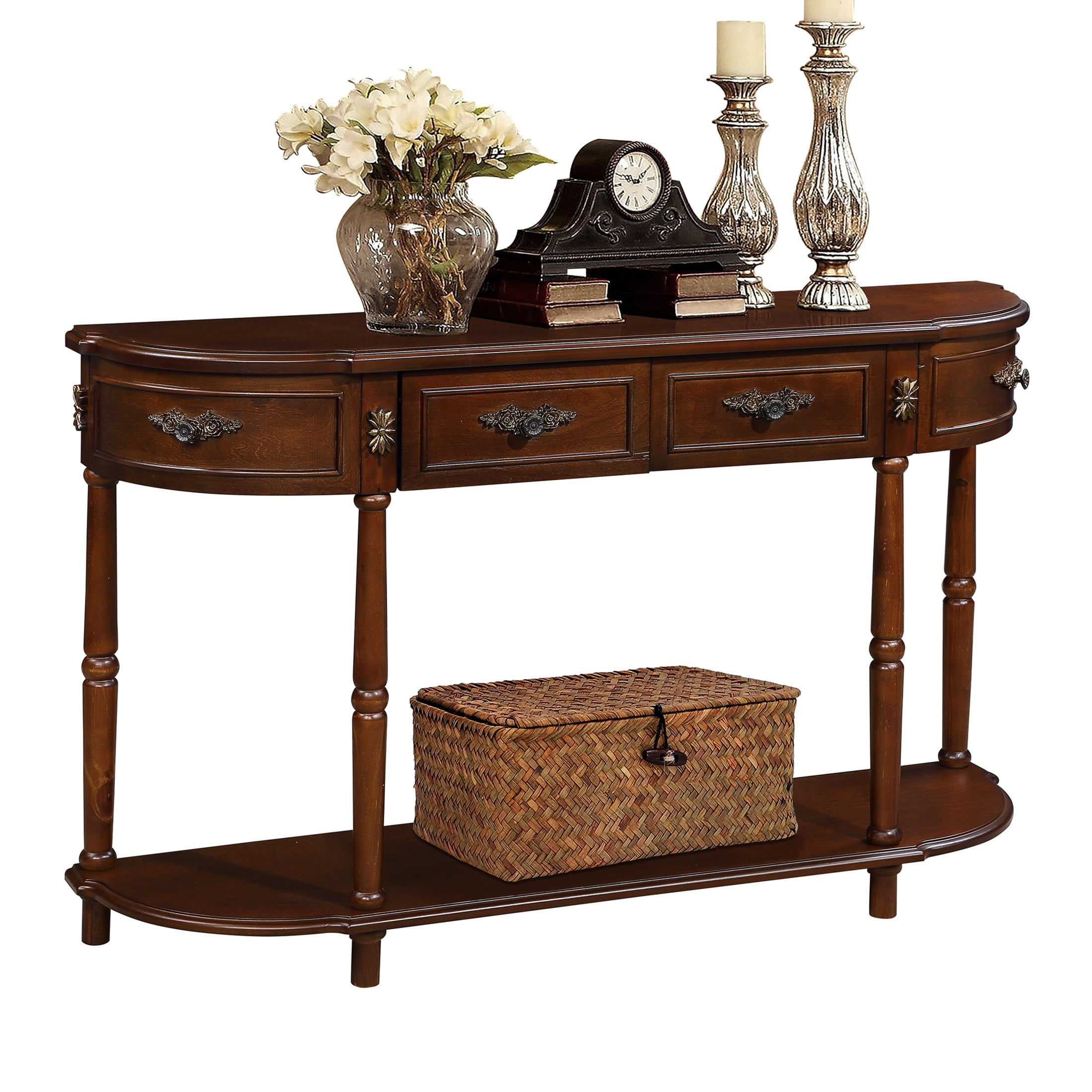 Aukfa Console Table, 52" Retro Half Moon Sofa Table with 2 Drawers and Shelf for Living Room/Hallway, Cherry