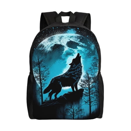Defioc Blue Full Moon Wolf Print Backpack -Travel or Work Bookbag Daypacks with 15-Inch Laptop Sleeve and Dual Water Bottle Pockets
