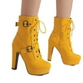 thumbnail image 4 of PiGOGI Women's High Heel Boots Belt Buckle Fashion Winter Fall Boots for Women Punk Style Comfortable Thick Sole Stylish Short Boots Yellow 43, 4 of 5
