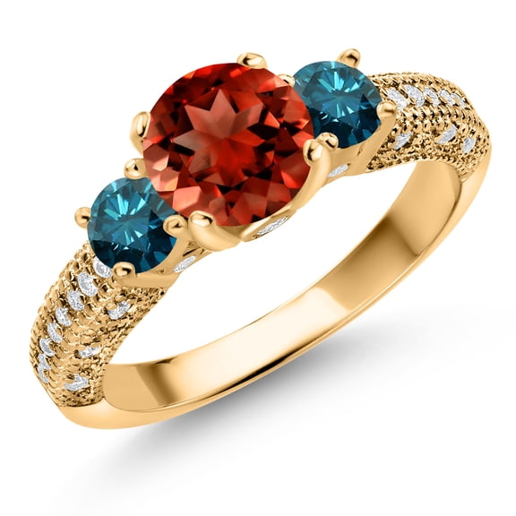 Gem Stone King 18K Yellow Gold Plated Silver Red Garnet Blue Diamond and White Moissanite Engagement Ring for Women (2.12 Cttw, Gemstone January Birthstone, Round 7MM and 4MM, Size 6)