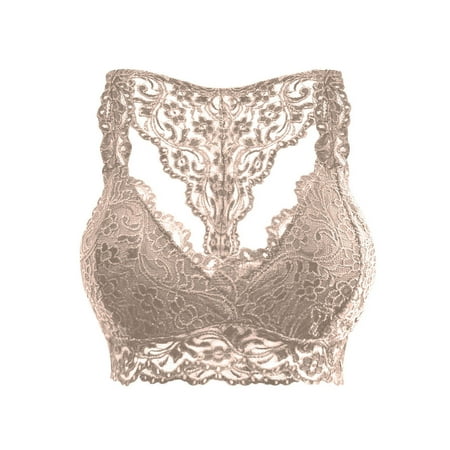 Womens Lingerie Underwear Women Plus Size Crop Wire Free Bra Lace V Neck Lace Bra (with Chest Pad) Beige L