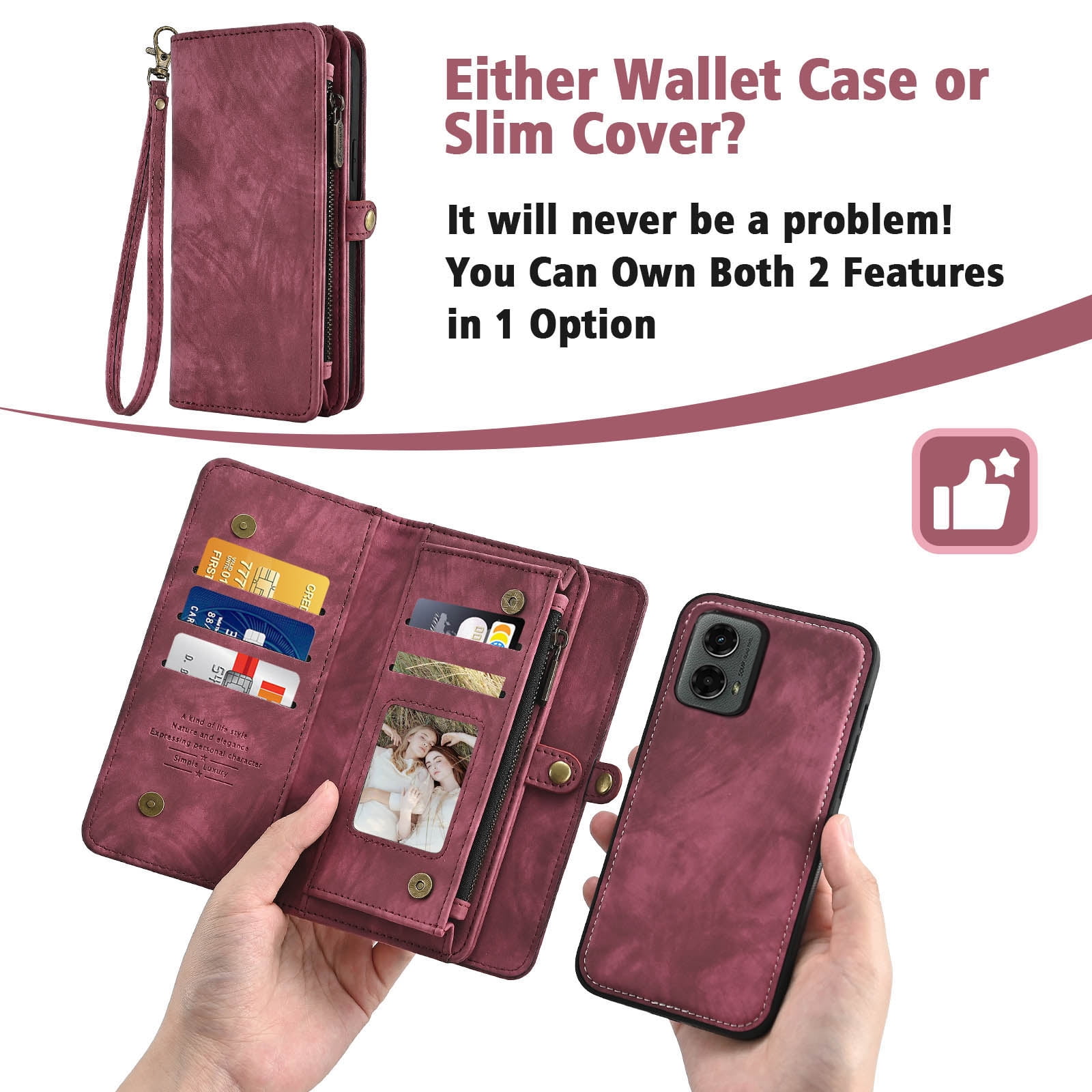 Asuwish Compatible with Motorola Moto G 5G 2024 Phone Case Zipper Wallet Detachable Tempered Glass Screen Protector Crossbody Lanyard Strap Flip Card Holder Cell Cover for G5G 5 G G5 Women Girls Red