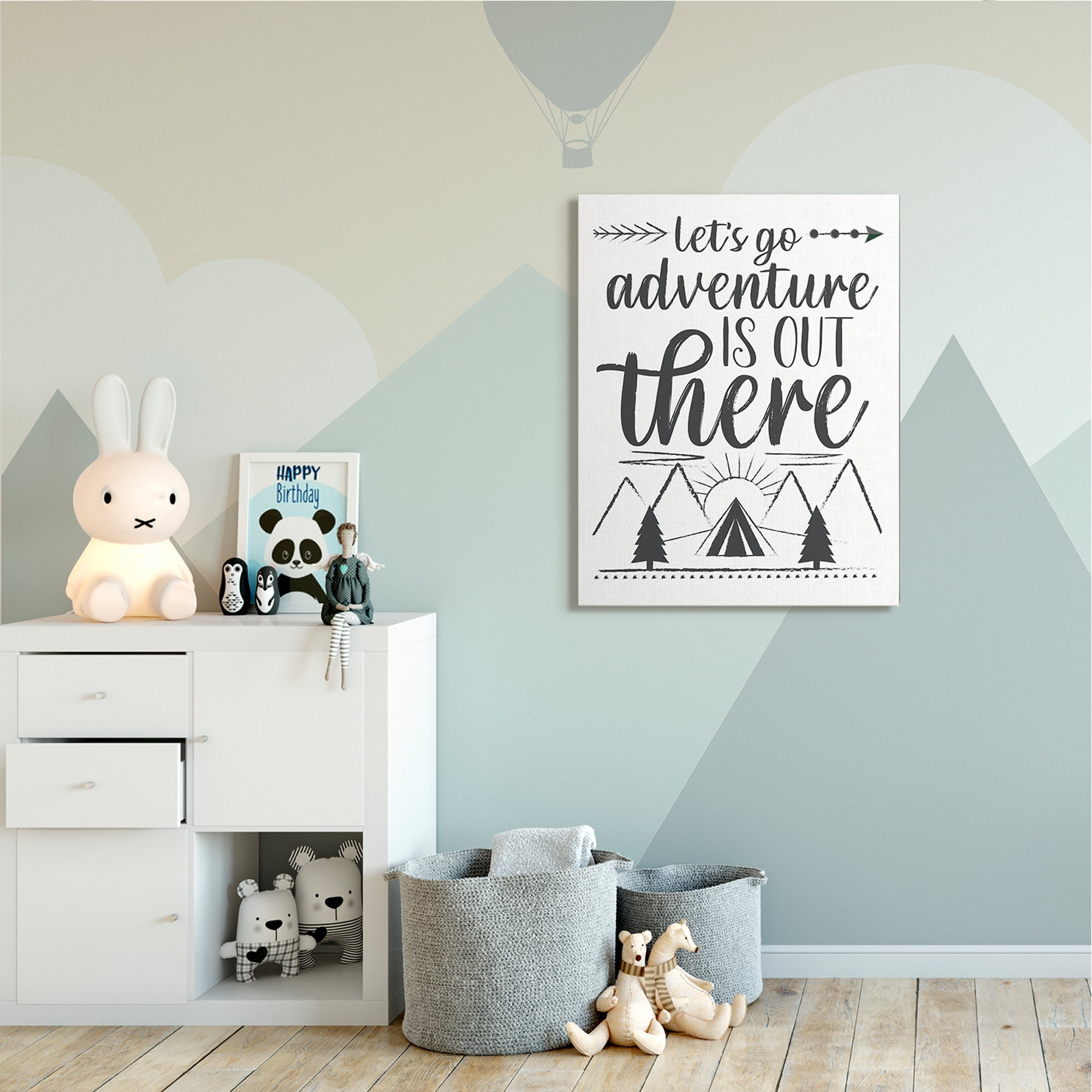 Stupell Industries Adventure's Out There Phrase Camping Tent Mountain Range Inspirational Painting Gallery Wrapped Canvas Art Print Wall Art, 36 x 48