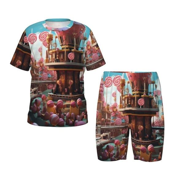 Balery fairy-tale-world-with-delicious-candy Conjunto de Pijama Infantil de Manga Corta con Estampado – Ropa de Dormir de Algodón Suave-XX-Large