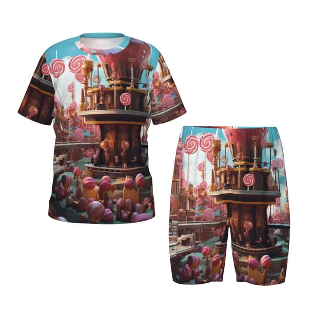 Balery fairy-tale-world-with-delicious-candy Conjunto de Pijama Infantil de Manga Corta con Estampado – Ropa de Dormir de Algodón Suave-XX-Large