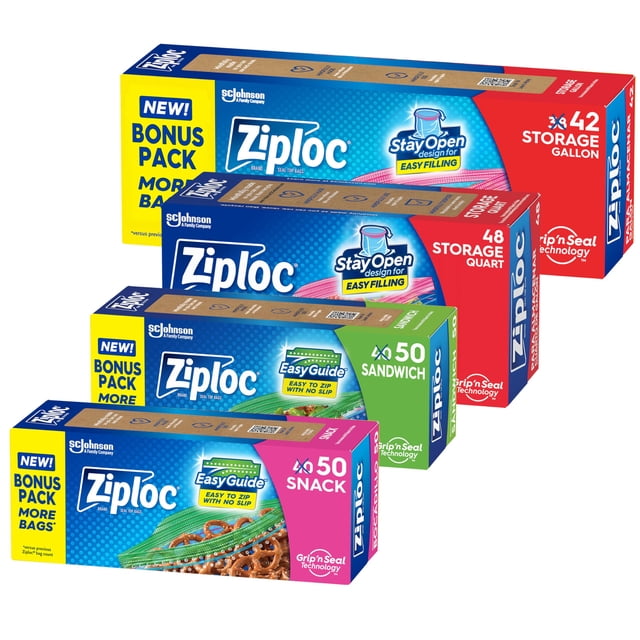 bolsas de almacenamiento de alimentos ziploc, paquete variado, 190 bolsas — cuatro cajas apiladas en perspectiva que muestran 42 galón, 48 cuarto, 50 sándwich y 50 snack; embalaje "Bonus Pack", tecnología Grip n' Seal y diseño Stay Open para fácil llenado y cierre.