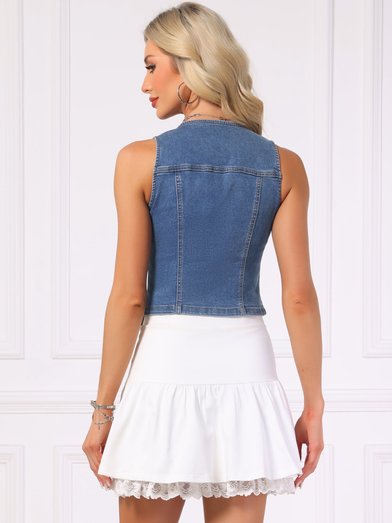 DARING DIVA Women's Sleeveless V Neck Button Down Cropped Denim Vest L Dark Blue