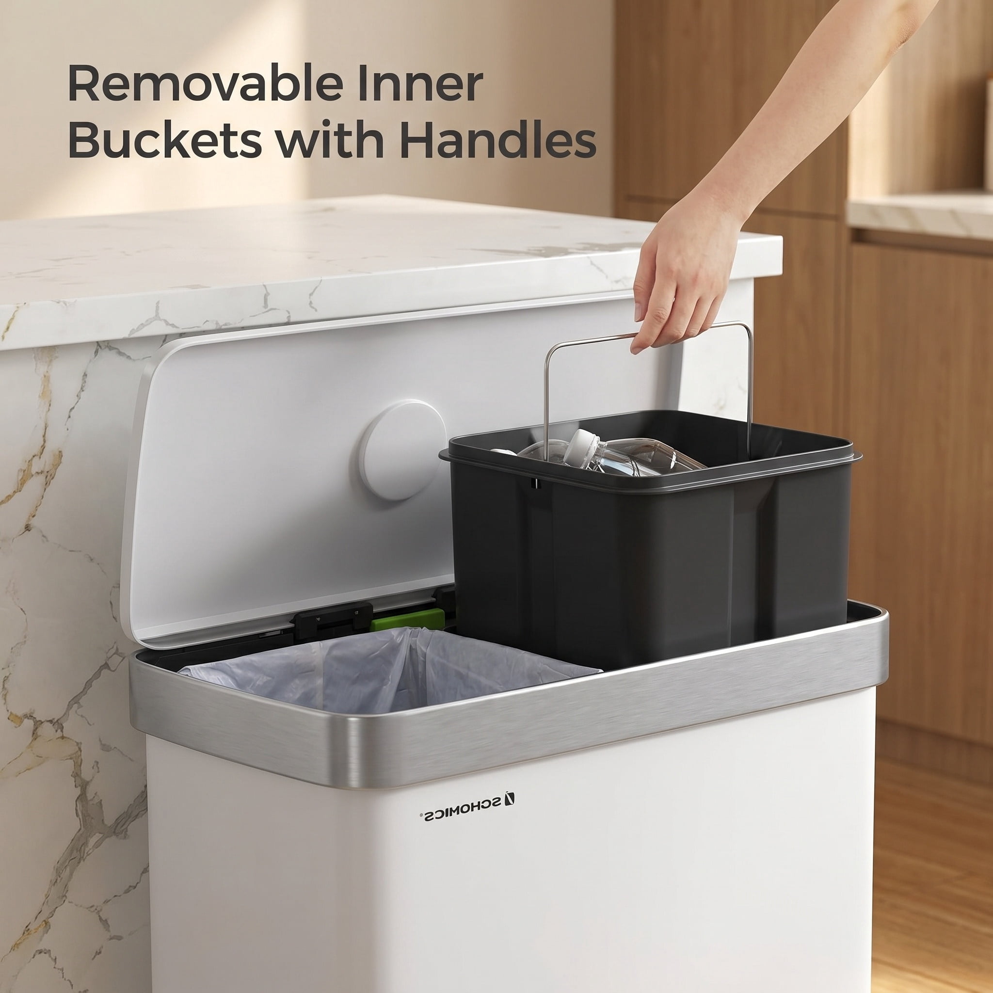 16 Gal. (2 x 8 Gal.) White Stainless Steel Dual Compartment Trash Can with Soft-Close Lid and Inner Buckets