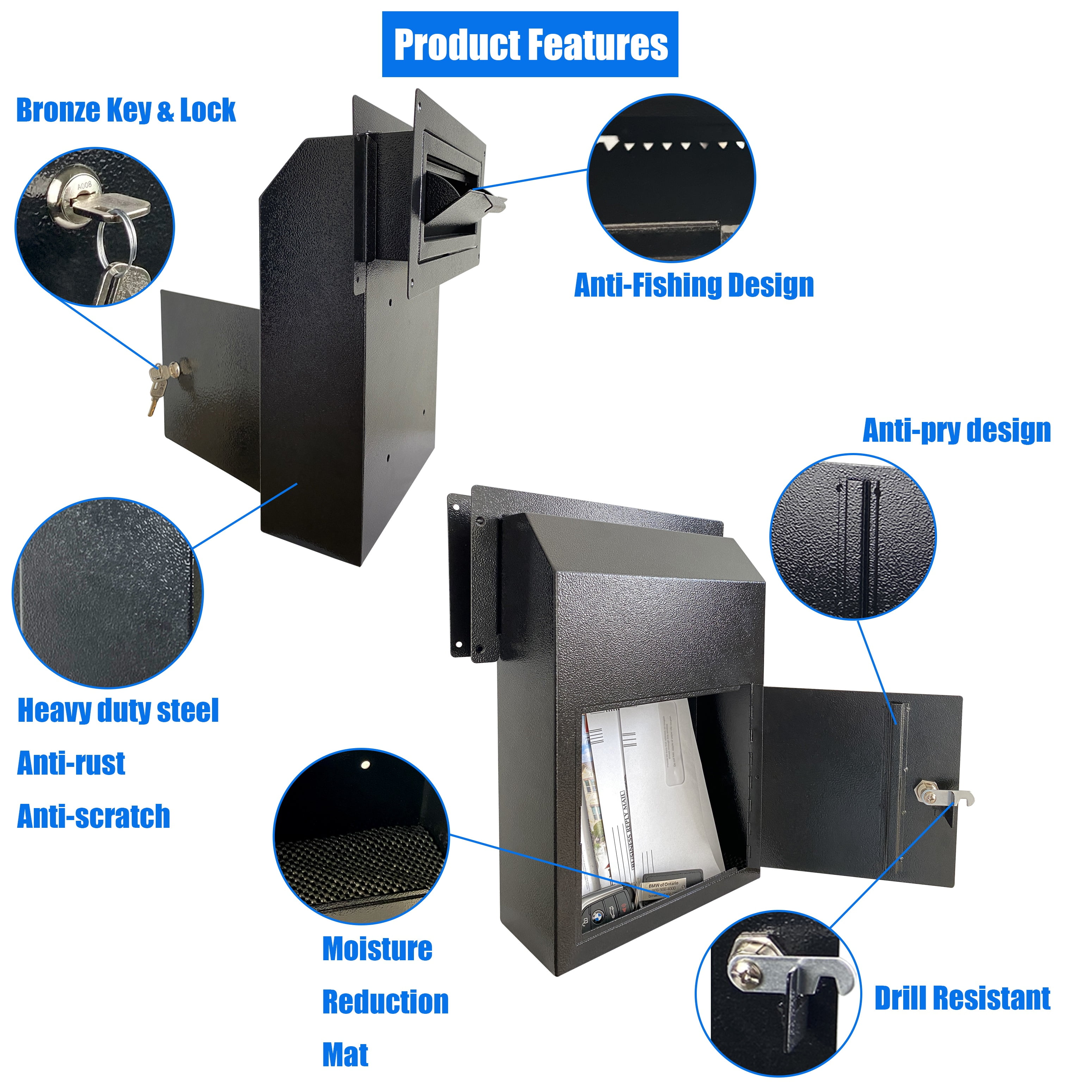 Plugsharge Door Drop Box, Mail Slots for Mail, Rent, Deposit, and Night Key, Through The Door Prevents Money Fishing Locking Steel Mailbox with Rear Access, Black