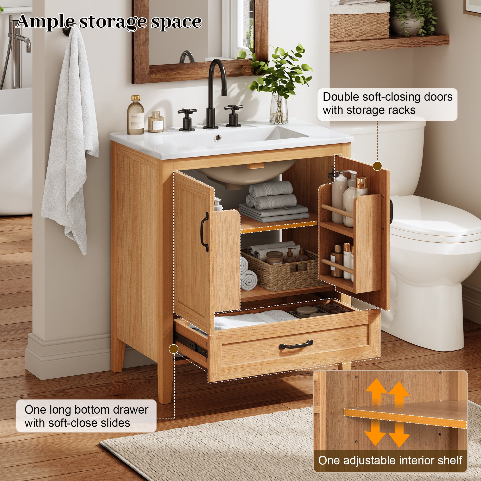 30" Natural Wood Grain Bathroom Vanity with Ceramic Sink Top, Solid Wood Legs, Soft-Close Double Doors & Bottom Drawer, Adjustable Interior Shelf, Door-mounted Organizers