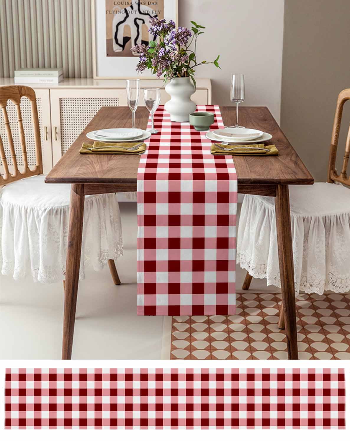 nqOlkjepod Red Farmhouse Table Runner 70 Inches Long Farmhouse Dress Scarves, Gradient Buffalo Plaid Lattice Grid Dining Tablerunner for Coffee Table/Kitchen Island/Party Décor, 13" x 70"