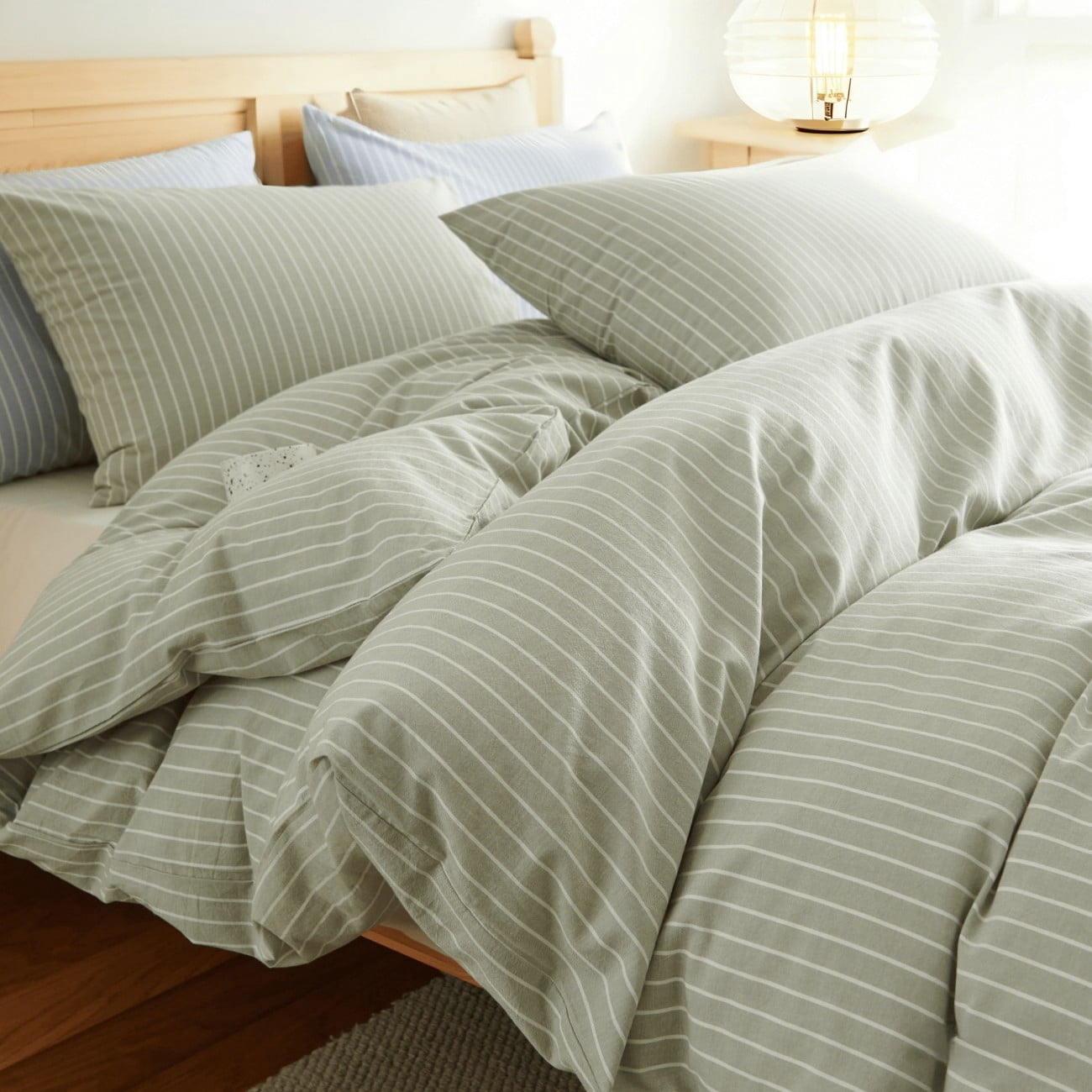 NAYOROOM 100% Cotton Duvet Cover Queen Set, 3-Piece Breathable Comforter Cover（Sage Green & White Striped）