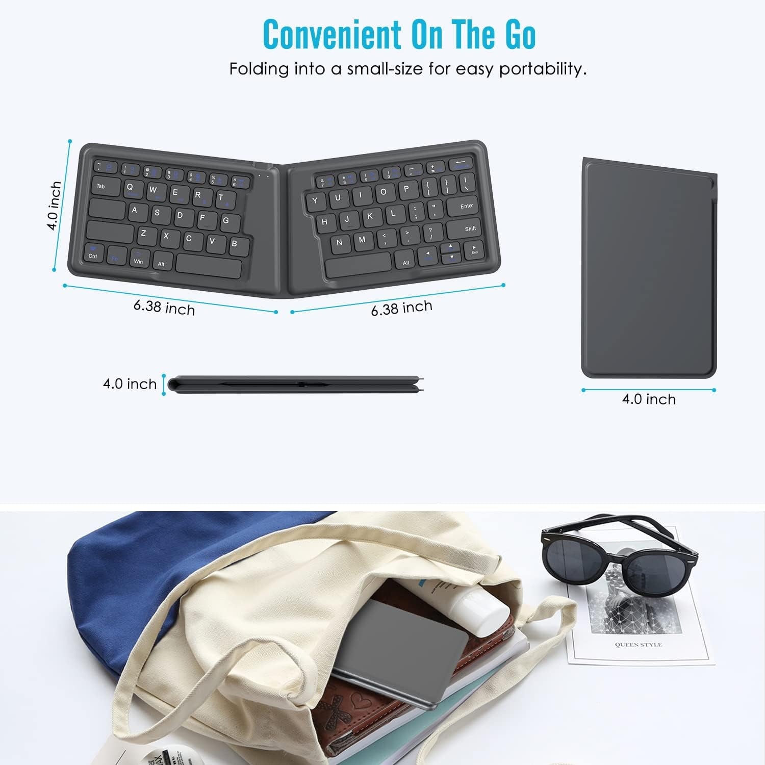 KOMI Foldable Bluetooth Keyboard, Ultra-Thin Folding Rechargeable Keyboard, Portable Wireless Keyboard for Laptop iPhone iPad, Compatible with All iOS Android Windows Tablet Smartphone Devices, Gray