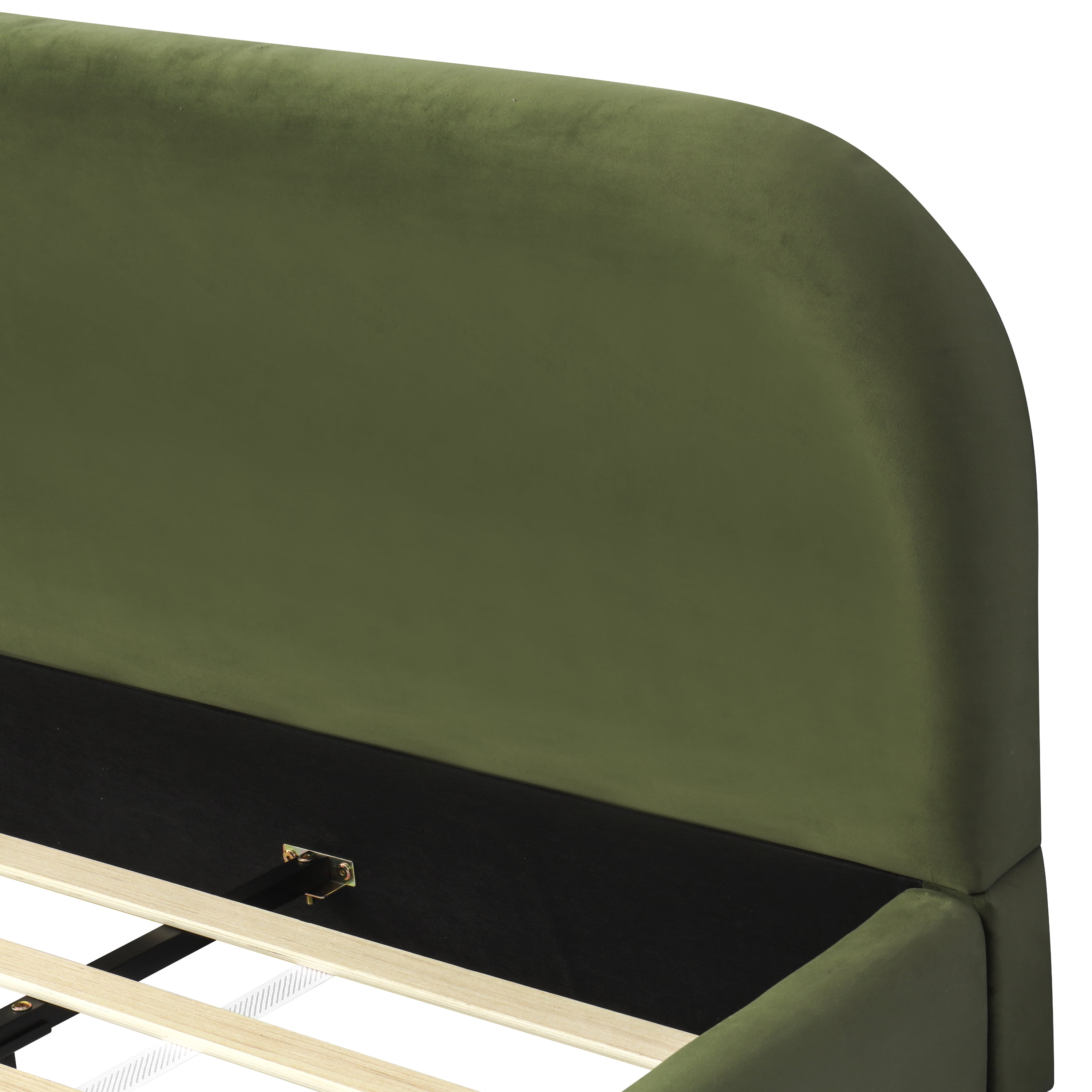 Queen Size Platform Bed with Plush Velvet Fabric, Curved Thick Padded Headboard, Upholstered Bed Frame with Wood Slats for Bedroom, Olive Green