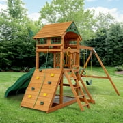 Gorilla Playsets Avalon Swing Set with Wood Roof, Dual Slides and Climbing Rock Wall, Amber