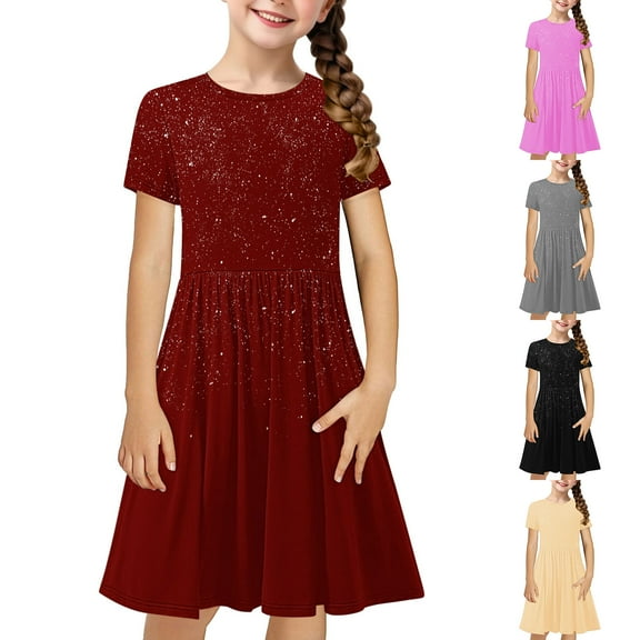 Jinhomg Casual Dress for Little Girls Cute Sparkly Star Print Flowy Dresses Casual Comfy Short Sleeve Crew Neck Midi Dress Spring Summer T-Shirt Dress Spring Saving Pink 4 Years