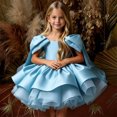 thumbnail image 4 of Girls Satin Mini Princess Dresses Cape Sleeve Neck Ruffle Tiered Gowns for Wedding Birthday Party Evening Ceremony Sky Blue 11-12 Years, 4 of 6