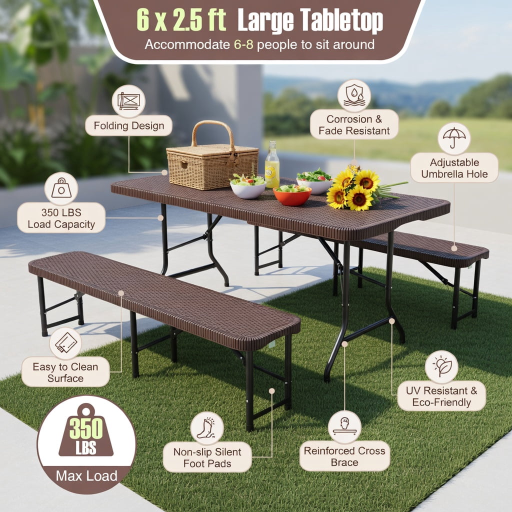 Hommoo 6 ft Portable Folding Table, HDPE Rattan-Look Tabletop, Weatherproof & Locking Frame for Outdoor Picnics, Camping, and Indoor Use, Coffee