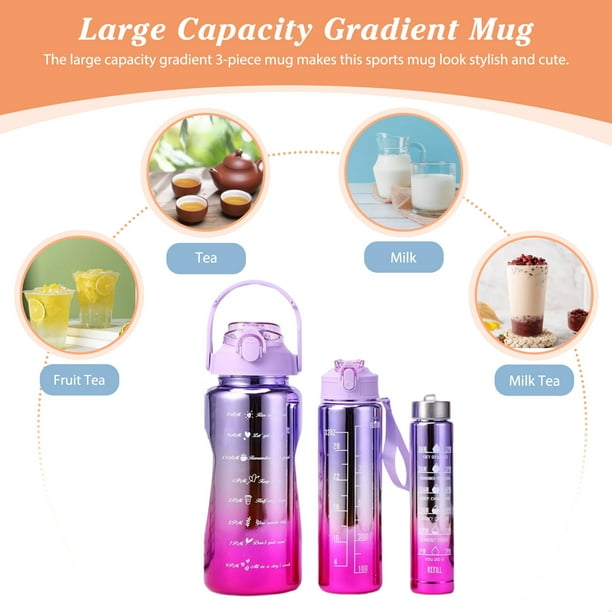 280 + 900 + 2000 ML Botella de agua deportiva Taza de agua con pajita degradada con escala (púrpura) Likrtyny Libre de BPA